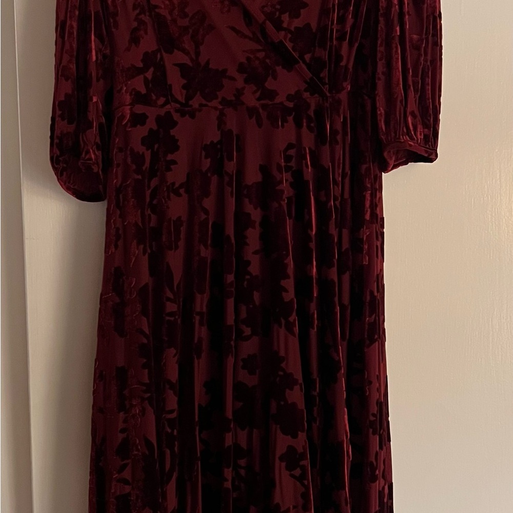 Calvin Klein Velvet 3/4 Sleeve Dress in Rich Burgundy